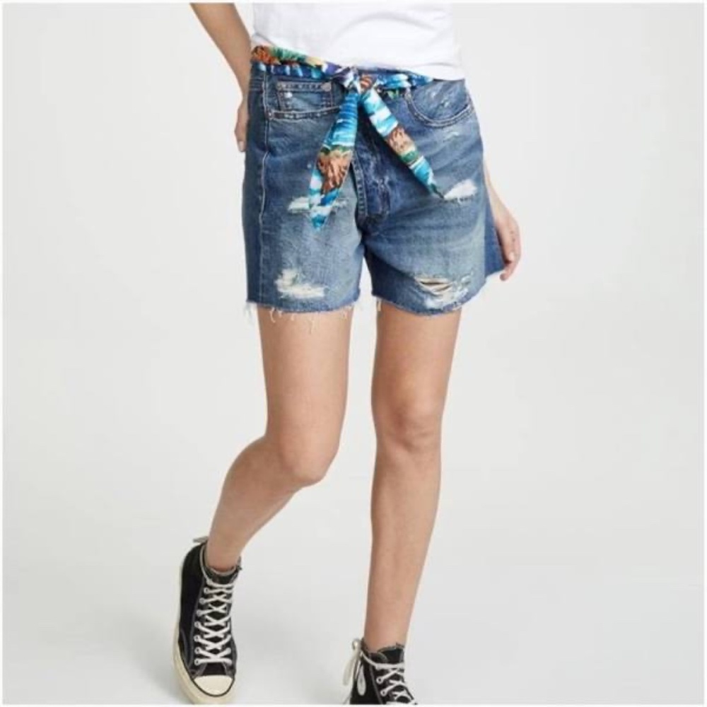 R13 Jasper Crossover Tie Waist Distressed Denim Shorts NWT 25